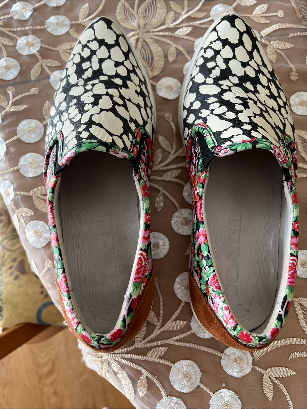 Coach Floral and B&W Leather Slip On Sneakers Sz. 8
